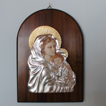 SP 091 cm 23x32 - Quadro  Madonna con Bambino in marmorina decorata con foglia oro e foglia argento