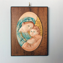 SP 088 cm 15x20 - Ovale di Madonna con Bambino in marmorina decorato a mano su pannello in legno